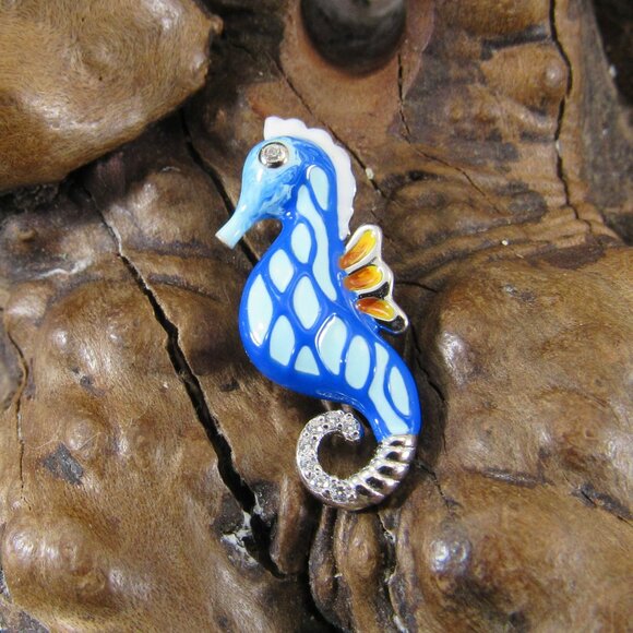 Solid 925 Sterling Silver & Blue and White Enamel Seahorse Slide Pendant - Picture 3 of 8